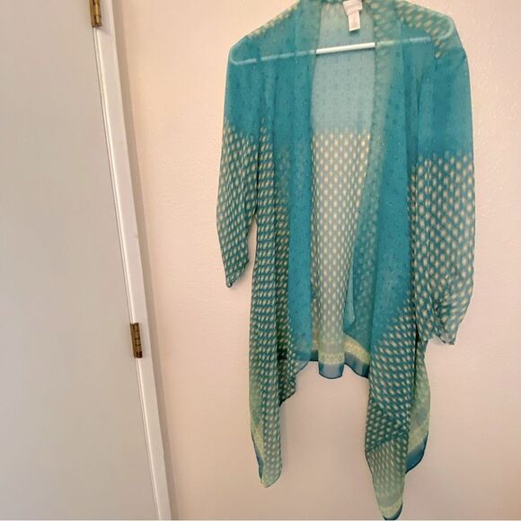 Chico's Blue Teal Green Sheer Open fairy Kimono Coverup cardigan top 2 L 12 - Picture 1 of 10
